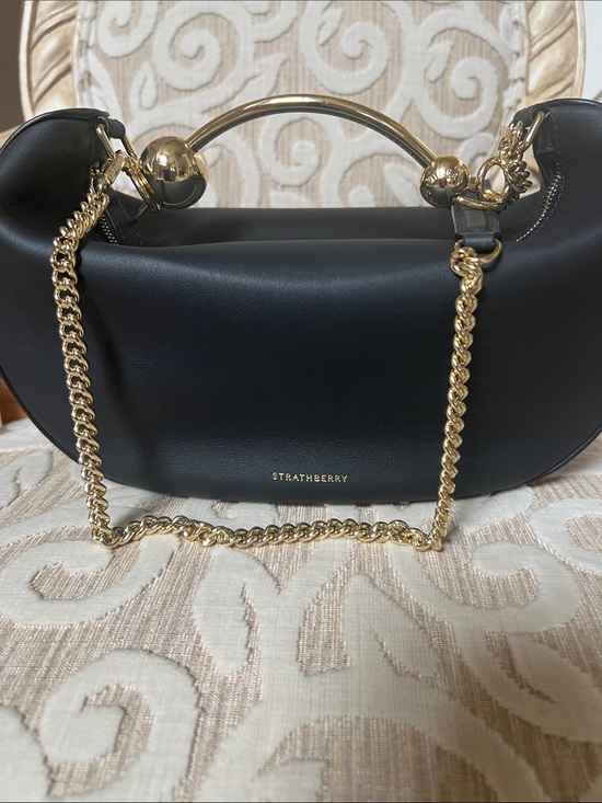 luxury-women-strathberry-new-  Strathberry Black Leather Crescent Shoulder Bag with Gold Chain